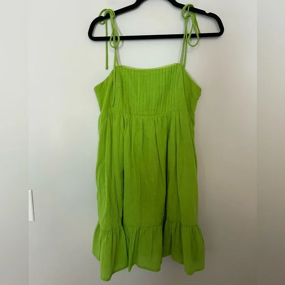 Lulus’ Dreamgirl Lime Green Pleated Tie-Shoulder Babydoll Linen Mini Dress - Picture 3 of 8